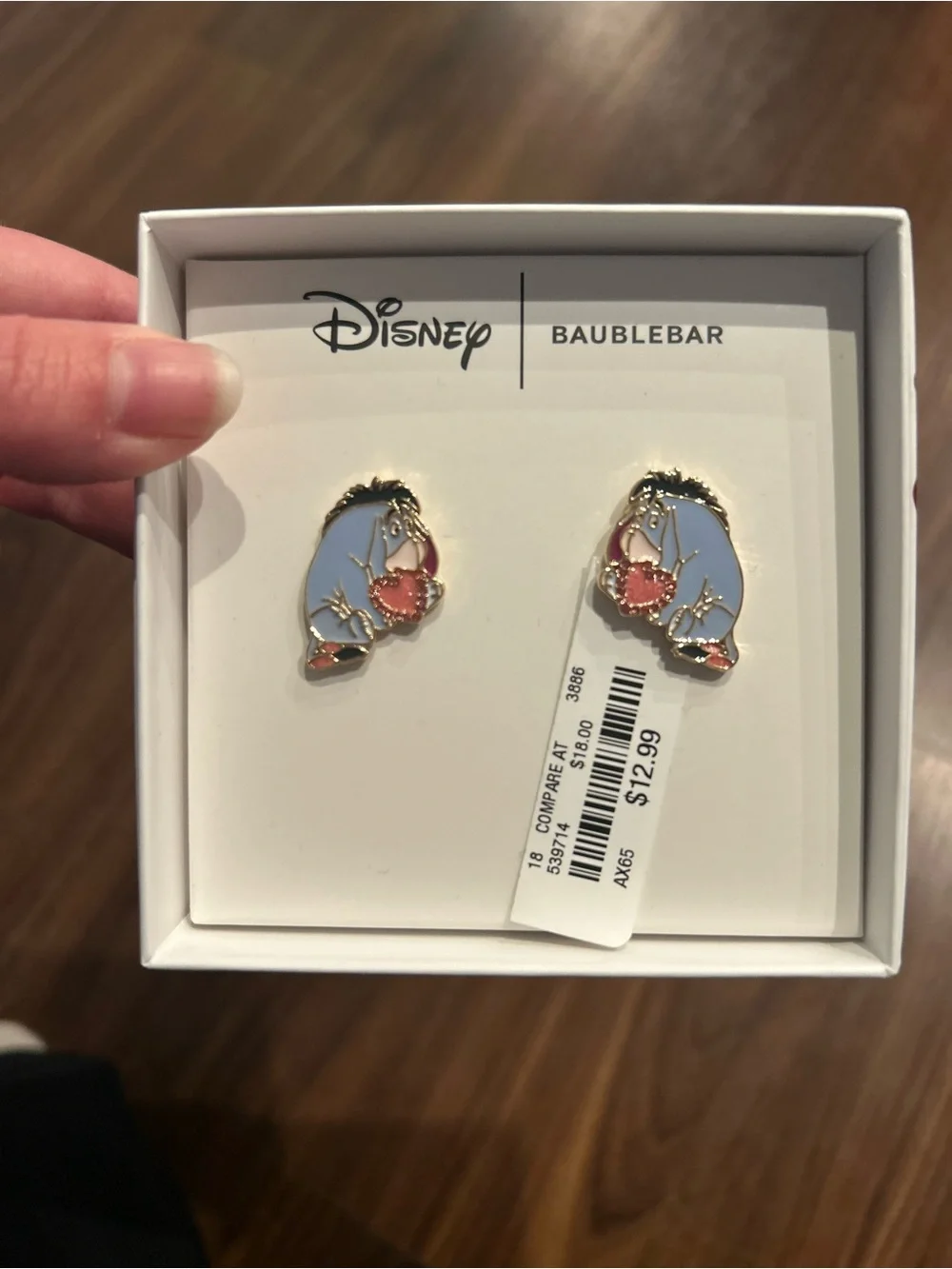 New Disney Eeyore Enamel Stud Earrings - Light Blue & Pink with Gold Trim - Picture 2 of 5